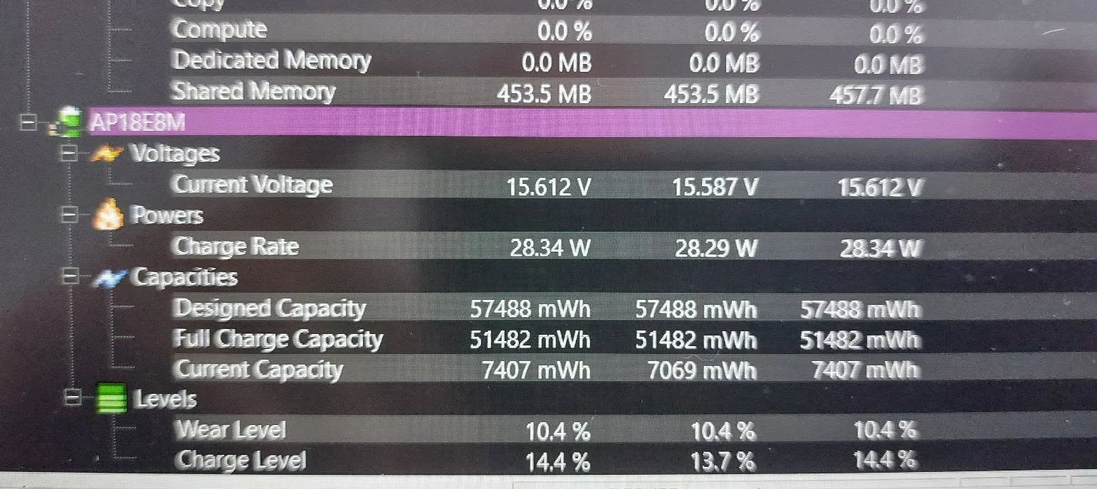 Parametri de încărcare ai bateriei Acer Nitro 5